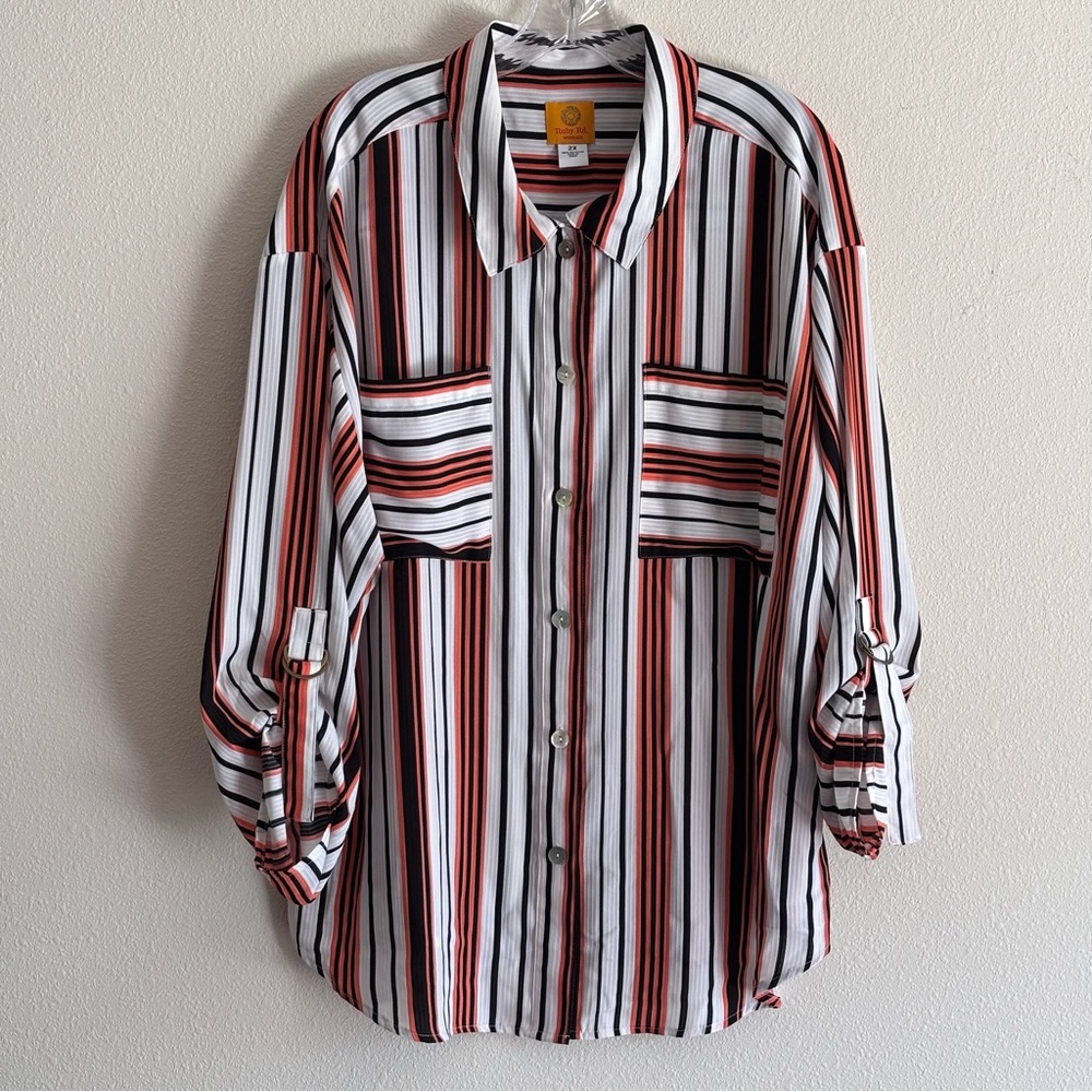 Ruby Rd. White, Salmon, and Black Striped Women's Shirt Size 2X EUC